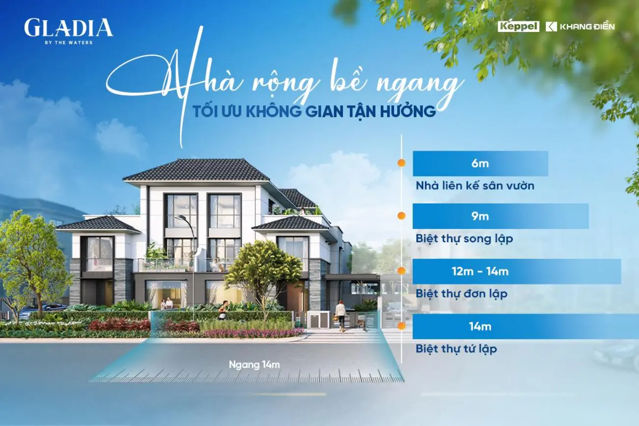Gladia By The Waters: Biệt thự mặt tiền rộng, thoáng đạt